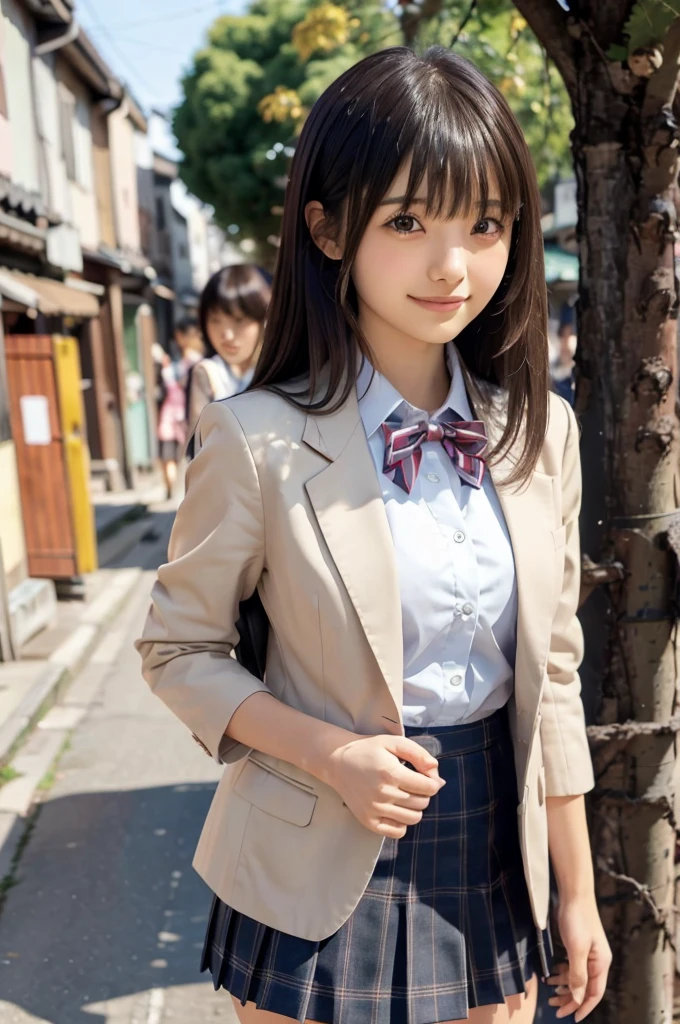 One Woman、((Standing wearing a blazer and miniskirt school uniform))、,((small breasts)),Highest quality、Very delicate and beautiful、((Very short bangs))、((Bangs))、Shiny black hair、Highest quality、Very delicate and beautiful、((Very short bangs))、((blunt bangs))、((long hair))、Cute face、Young face、Cute like an idol、Are thin、Slim figure、slender、Short、 body type、((The background is a Japanese townscape))、Thighs、Photographed from the front、The best smile、