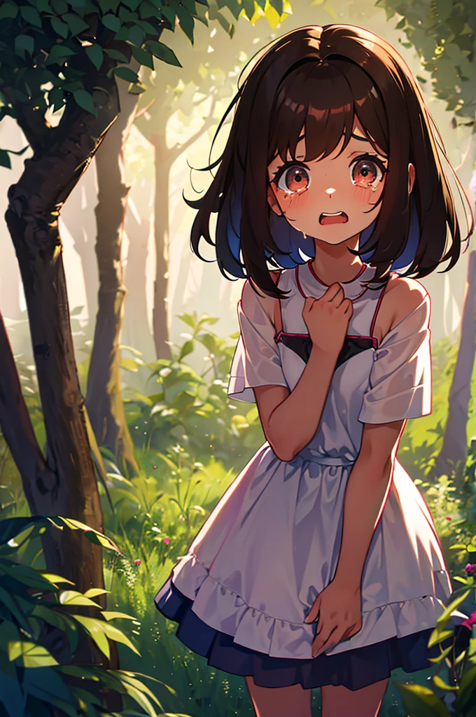 A 7 year old girl, Brunetette, with short brown hair and big eyes, shrinks as some boys surround her, laughing and teasing. She tries to hold back the tears, visibly scared. Wearing  clothes