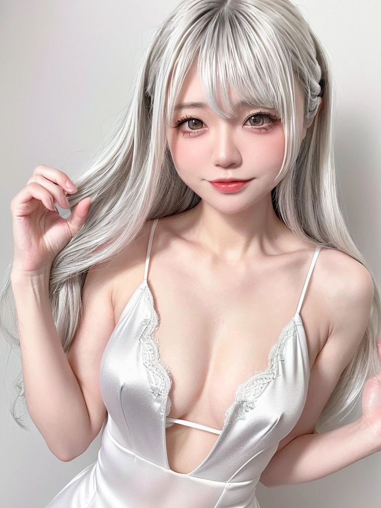 (((amount、white 、Asian woman、beautiful girl、、Silver Hair、white Background、)))、Tabletop, Highest quality, shape, Very detailed, finely, High resolution, 8k wallpaper, Perfect dynamic composition, finelyて美しい目, Deco Out, ((Medium Hair 1.5)),((( Small Breasts 1.5,Slender body type 1.5)))、 Natural color lip,white Background, Random cute poses,、(((whiteレース柄のブラ1.5)))、(((whiteレース柄のハイレグ1.4)))、See-through、