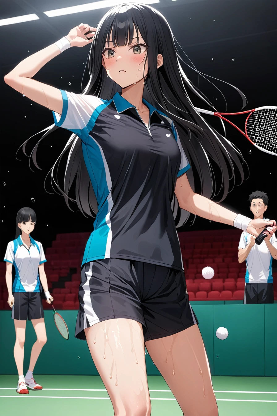Black hair long straight　Straight Hair　Smooth and straight hair　Straight bangs　Badminton Wear　Badminton match　体にぴったりのBadminton Wear　Stained with sweat
