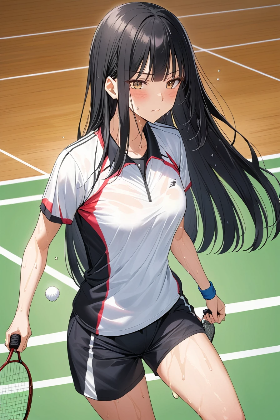 Black hair long straight　Straight Hair　Smooth and straight hair　Straight bangs　Badminton Wear　Badminton match　体にぴったりのBadminton Wear　Stained with sweat