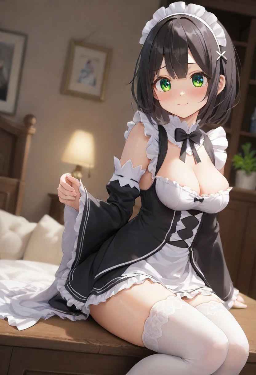 ((Highest quality)), ((masterpiece)), (be familiar with), Perfect Face, Big eyes, Drooping eyes, eyelash, The sparkling light of the eyes , (roswaal mansion maid uniform), white thighhighs, detached sleeves, wide sleeves, re:NULL, (mini skirt), big breasts, shy smile, closed mouth