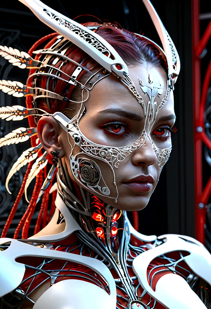 complex 3d render ultra detailed beautiful death angel, biomechanical cyborg, analog 150 mm lens, beautiful natural soft rim light, neon vein, roots, fine foliage lace, colorful details, Boris Bidjan Saberi outfit, pearl earrings, piercing, art nouveau fashion embroidered, intricate details, mesh wire, mandelbrot fractal, facial muscles, cable wires, microchip, badass, hyper realistic, ultra detailed, octane render, volumetric lighting, 8k post-production, red and white with a bit of black, detailled metalic bones, semi human, iridescent colors, Glenn Brown style, futuristic room, power of the god, high-angle shot, complex body poses