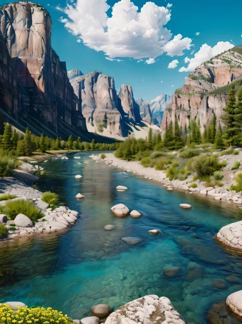 ((Masterpiece, top quality, very detailed, high resolution, realistic, sharp focus)), high contrast, high color saturation, landscape with water, river and rocky mountains, gentle flow, (highly detailed CG unity, 8k wallpaper), intricate and realistic paintings