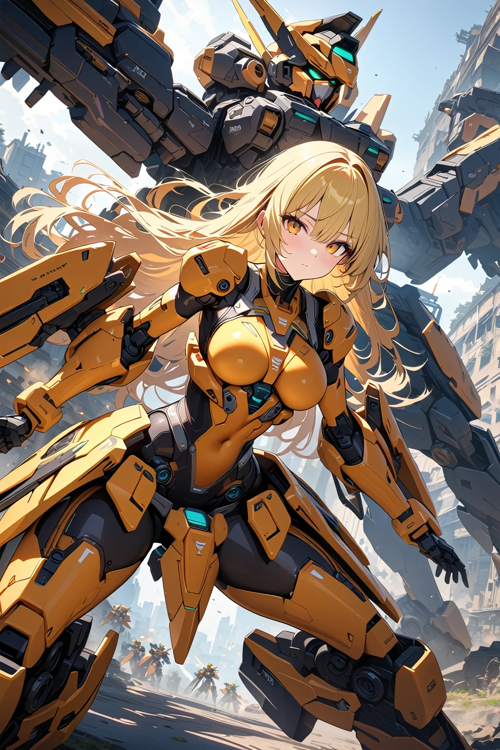 (masterpiece, best quality:1.5), (ultra detailed, high resolution, 8k, beautiful detailed, UHD, best anatomy), blonde hair, medium breasts, mecha musume, Body made of machines, fighting formation, expressionless, An ominous place