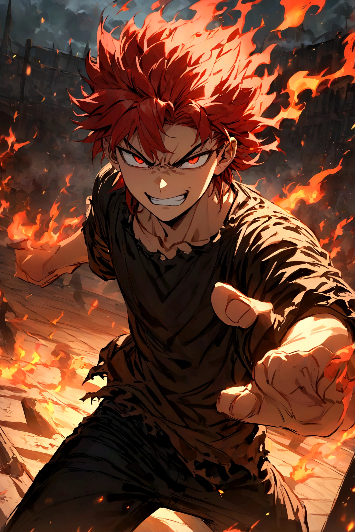 Teenage boy, hair spiked up, medium length hair, fiery red hair, serious face, Grinning, Eyes red, ripped black loose shirt, black pants, Red sneakers, fire aura around the character, scene in an open-air fighting arena, lot of details