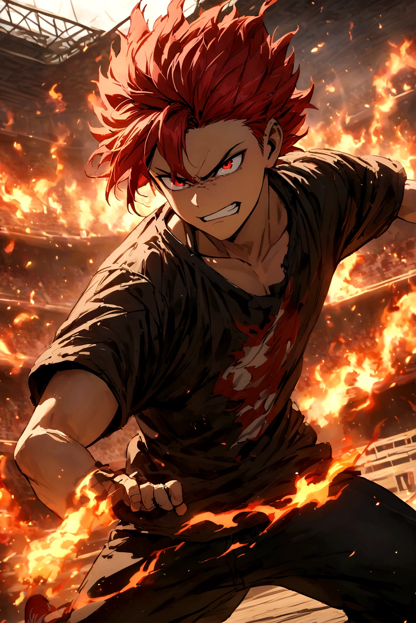 Teenage boy, hair spiked up, medium length hair, fiery red hair, serious face, Grinning, Eyes red, ripped black loose shirt, black pants, Red sneakers, fire aura around the character, scene in an open-air fighting arena, lot of details