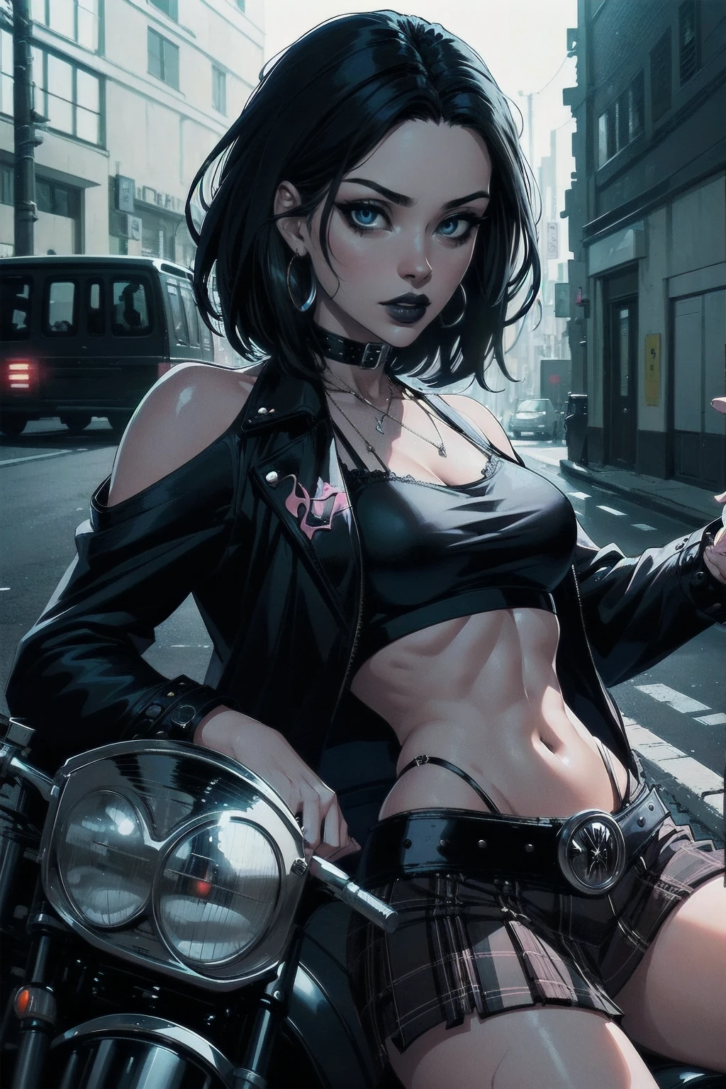 a woman with medium black hair, hair on shoulders,  wearing plaid skirt, black jacket,  blue eyes, gothic art, cute aesthetic with vibe, toon aesthetic, wearing gothic accessories, look like Cassie Hack, upper body, driving on the motocicle, tokio street background, dinamic poses