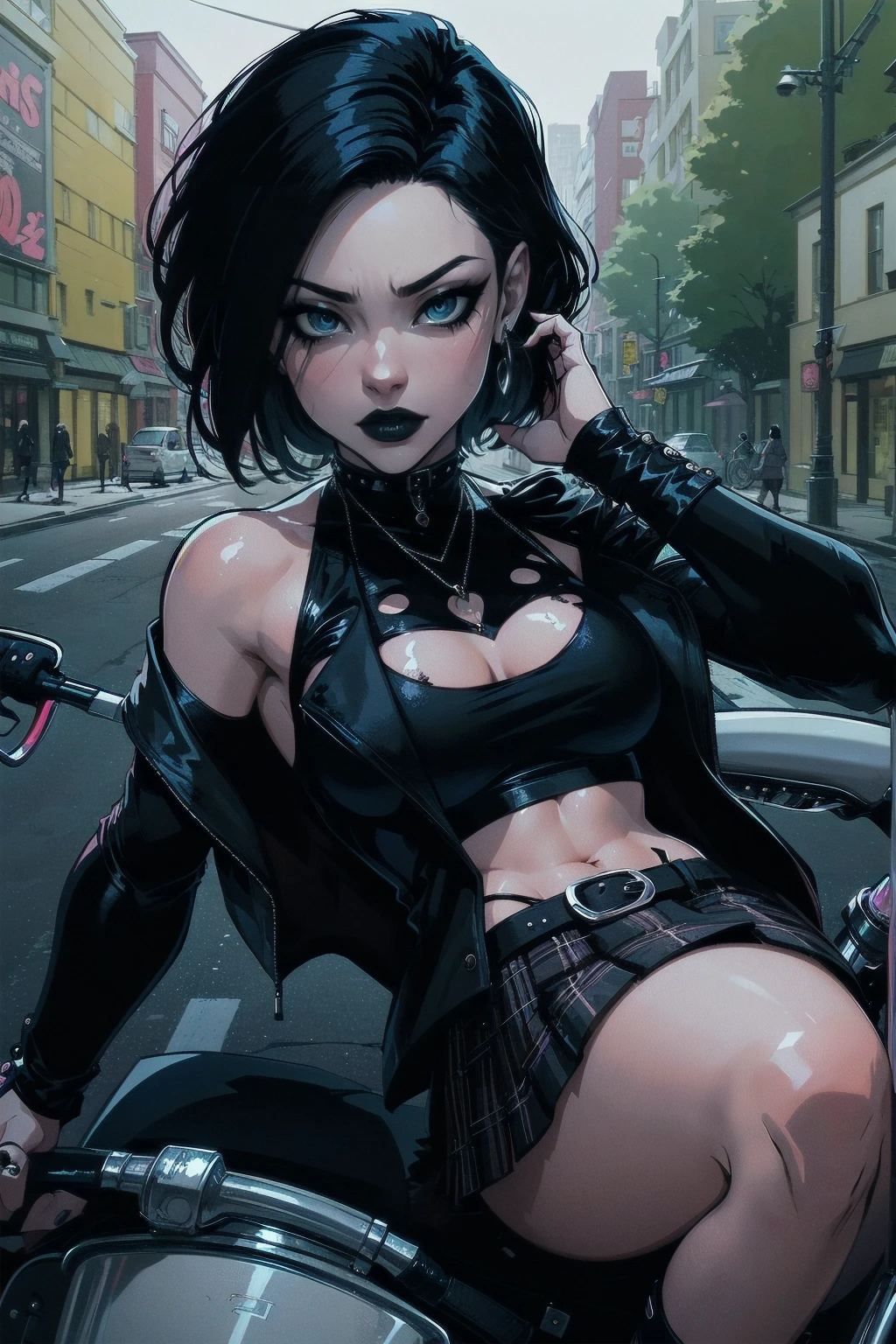a woman with medium black hair, hair on shoulders, wearing plaid skirt, black jacket, blue eyes, gothic art, cute aesthetic with vibe, toon aesthetic, wearing gothic accessories, look like Cassie Hack, upper body, driving on the motocicle, tokio street background, dinamic poses