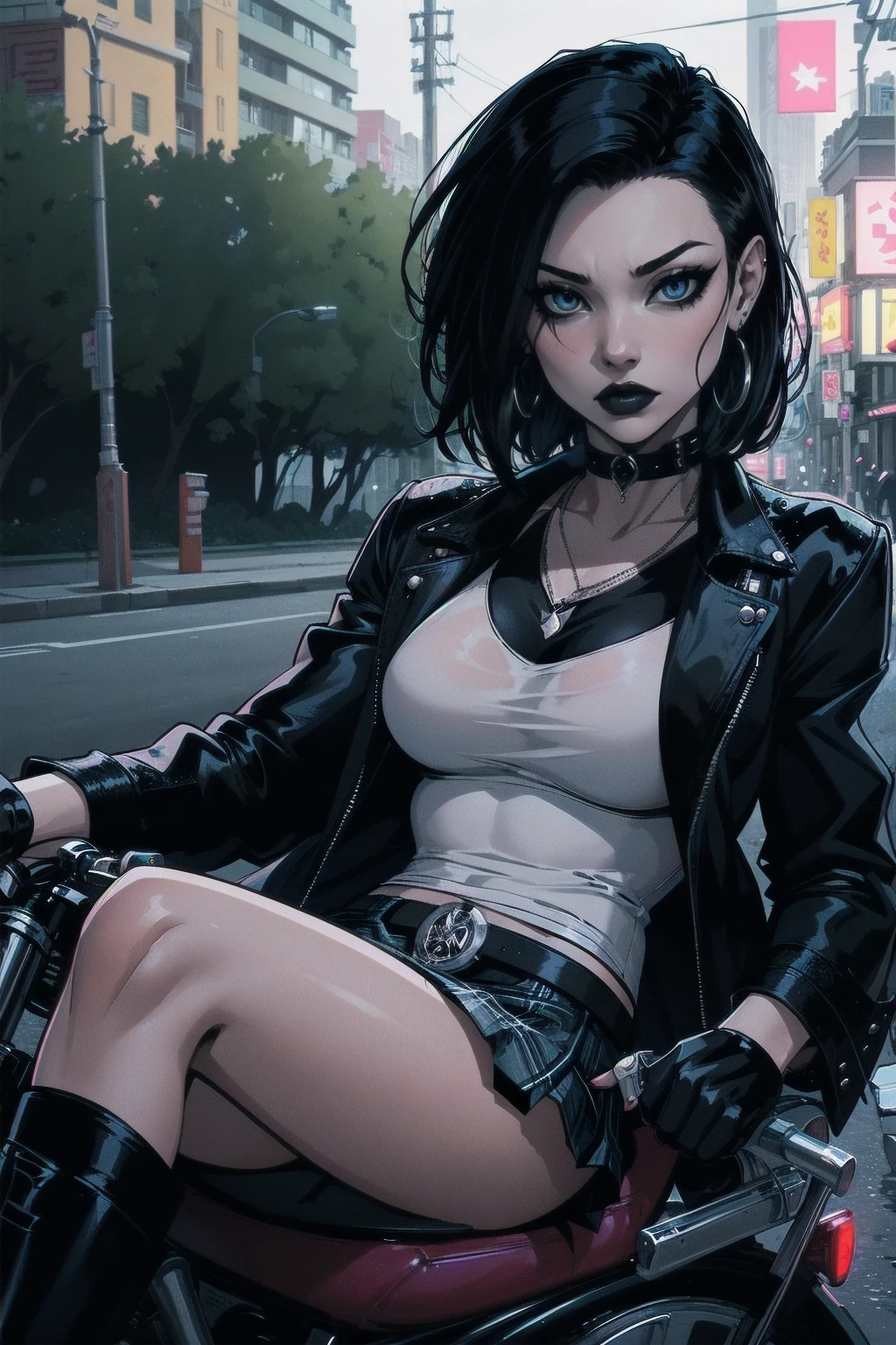 a woman with medium black hair, hair on shoulders,  wearing plaid skirt, black jacket,  blue eyes, gothic art, cute aesthetic with vibe, toon aesthetic, wearing gothic accessories, look like Cassie Hack, upper body, driving on the motocicle, tokio street background, dinamic poses