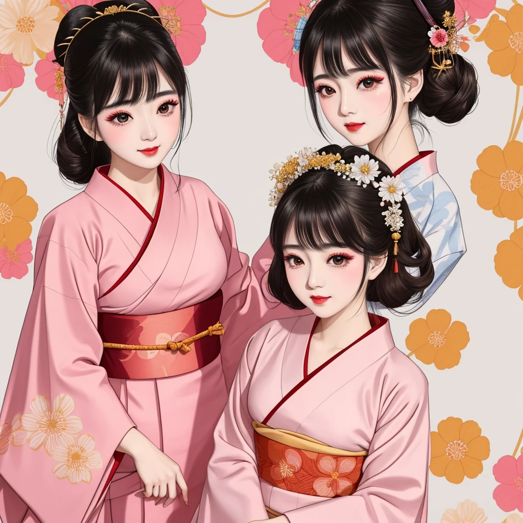 Each has a different expression２People and sisters、(２ girls）、｟Dancing traditional arts with grace)、((Big Breasts、Small Face、Not exposed))、Highest quality、masterpiece、（Black Hair、Bun Hair）、Brown Eyes、｟Wide angle、Angle from above the waist、雑誌の表紙のPause、Their gazes are different, staring into the distance｠、(８K High Quality、masterpiece、High resolution、Realistic and beautiful light and shadow、(Highest quality)、(High Resolution)、(Very delicate and beautiful)、(Beautiful 8k face)、(With a smile、Beautiful eyes)、(Clear skin)、(Soft hair)、(８Head to Body)、(A Japanese style yukata kimono with red, pink and orange floral patterns on a white background, interspersed with gold powder、Wearing a yukata２Beautiful Japanese girls)、((Tanabata decoration background))、((Small Face))、(arms up)、Thin and small nose、（Red lipstick）、（Make your cheeks red）、（Glossy skin）、((Ink painting style))、Very thin eyebrows、Overall ultra-high image quality、（She is wearing maiko-style makeup.）、Whitening、Long and beautiful eyelashes、Glowing Skin、（Red cheeks）,Straight nose、masterpiece、Highest quality、whole body、 Eyebrows visible through hair、Bun Hair、Grin、Gal、コGal、Viewer&#39;s Eyes、Plaid、Stylish、woman、fine、Pause、
Waiting to start 
