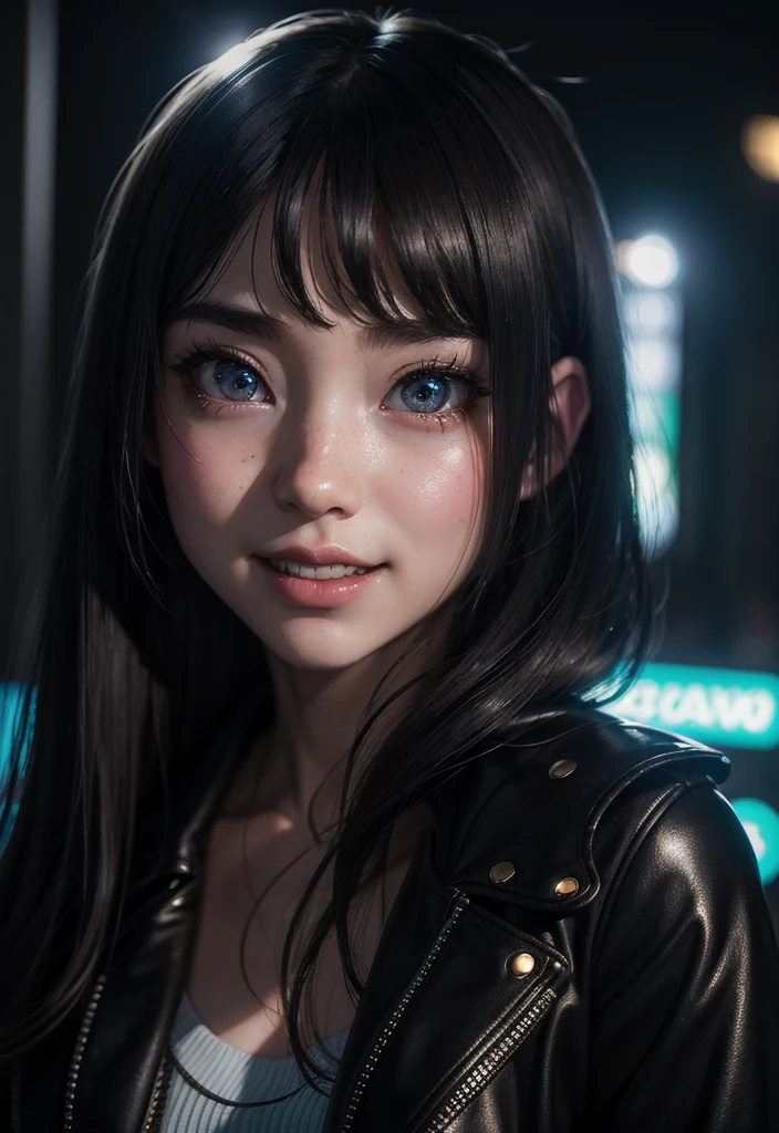 masterpiece, best quality, half body, portrait, night city, 1girl, anime, 3D, Japan, pixar, realistic, girl, smiling, cute face, harajuku fashion style, rain coat, beautiful, colourful, neon lights, cyberpunk, smooth skin, illustration, artstation, painting by stanley artgerm lau, sideways glance, foreshortening, extremely detailed 8K, smooth, high resolution, ultra quality, highly detail eyes, highly detail mouth, highly detailed face, perfect eyes, both eyes are the same, true light, glare, Iridescent, Global illumination, long straight hair movement, real light, real shadow, real face, hd, 2k, 4k, 8k, 16k, realistic light, realistic shadow, bright Eyes, fluorescent eyes, soft light, dream light