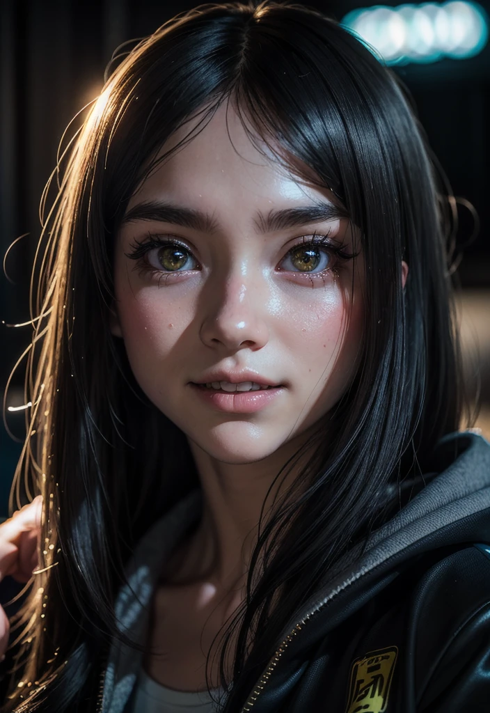masterpiece, best quality, half body, portrait, night city, 1girl, anime, 3D, Japan, pixar, realistic, teen girl, smiling, cute face, harajuku fashion style, rain coat, beautiful, colourful, neon lights, cyberpunk, smooth skin, illustration, artstation, painting by stanley artgerm lau, sideways glance, foreshortening, extremely detailed 8K, smooth, high resolution, ultra quality, highly detail eyes, highly detail mouth, highly detailed face, perfect eyes, both eyes are the same, true light, glare, Iridescent, Global illumination, long straight hair movement, real light, real shadow, real face, hd, 2k, 4k, 8k, 16k, realistic light, realistic shadow, bright Eyes, fluorescent eyes, soft light, dream light