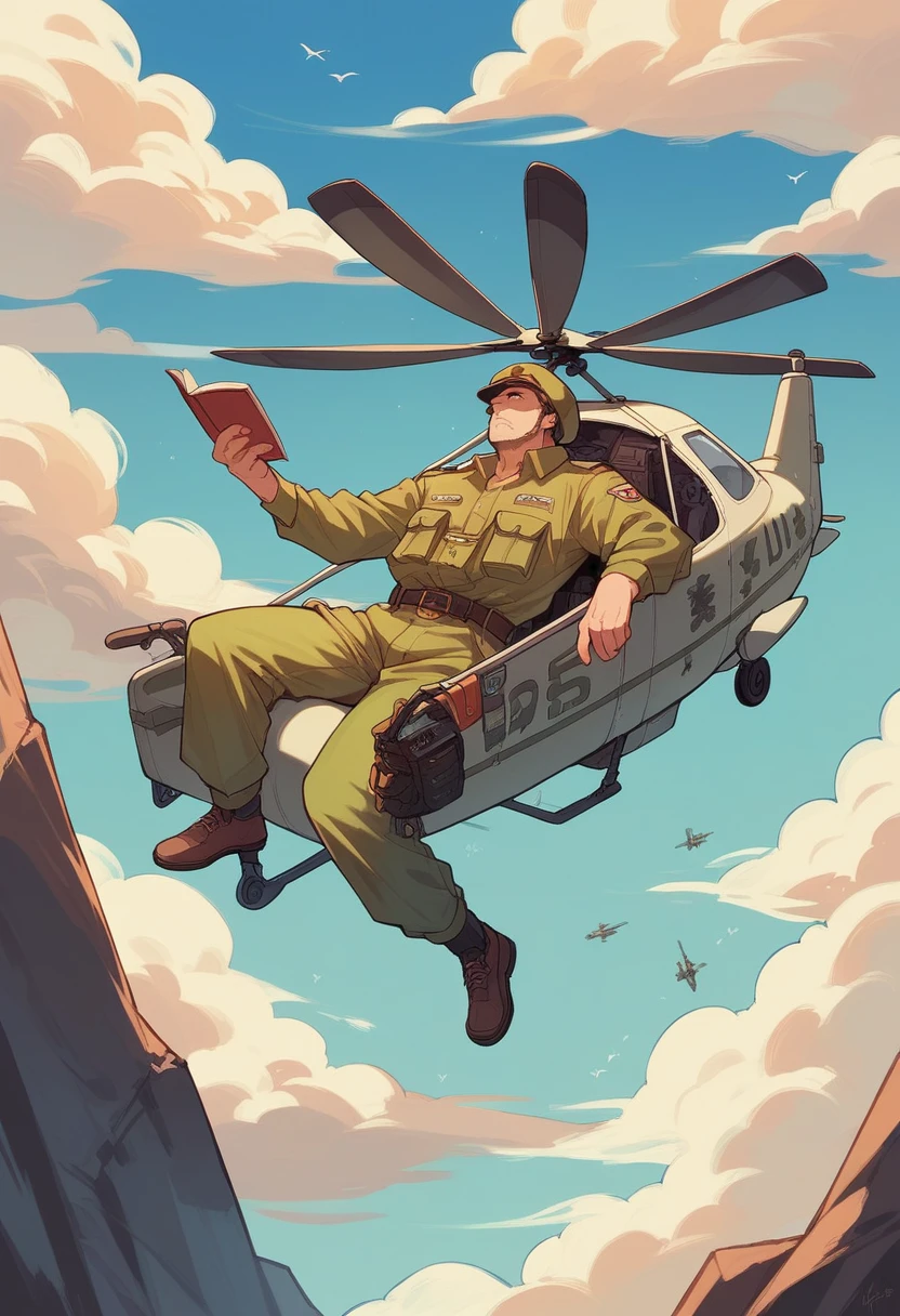 soldiers reading books, around a helicopter, at an air base.