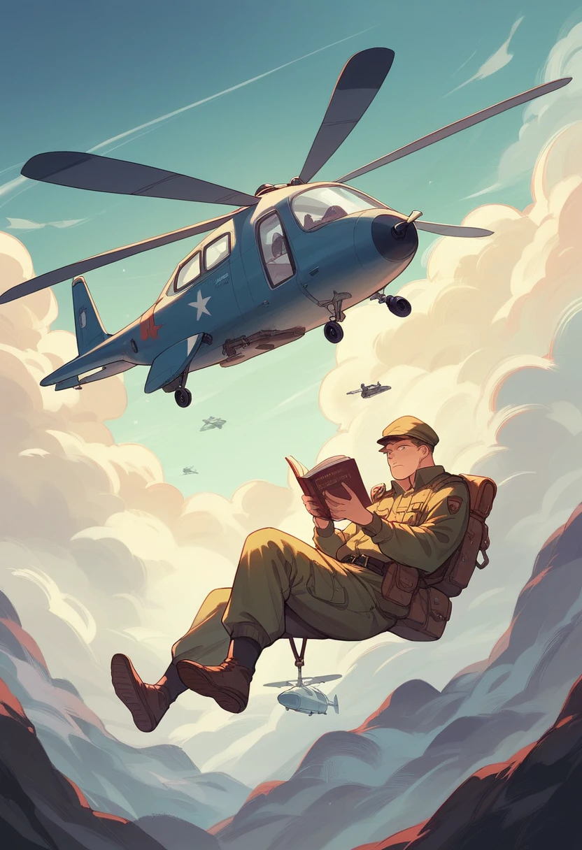 soldiers reading books, around a helicopter, at an air base.