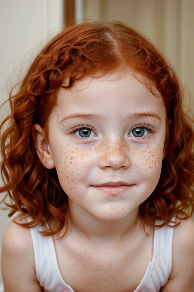 A five-year-old girl with white skin, red hair, short curly hair, lots of freckles and cum on her face, cum on her face.