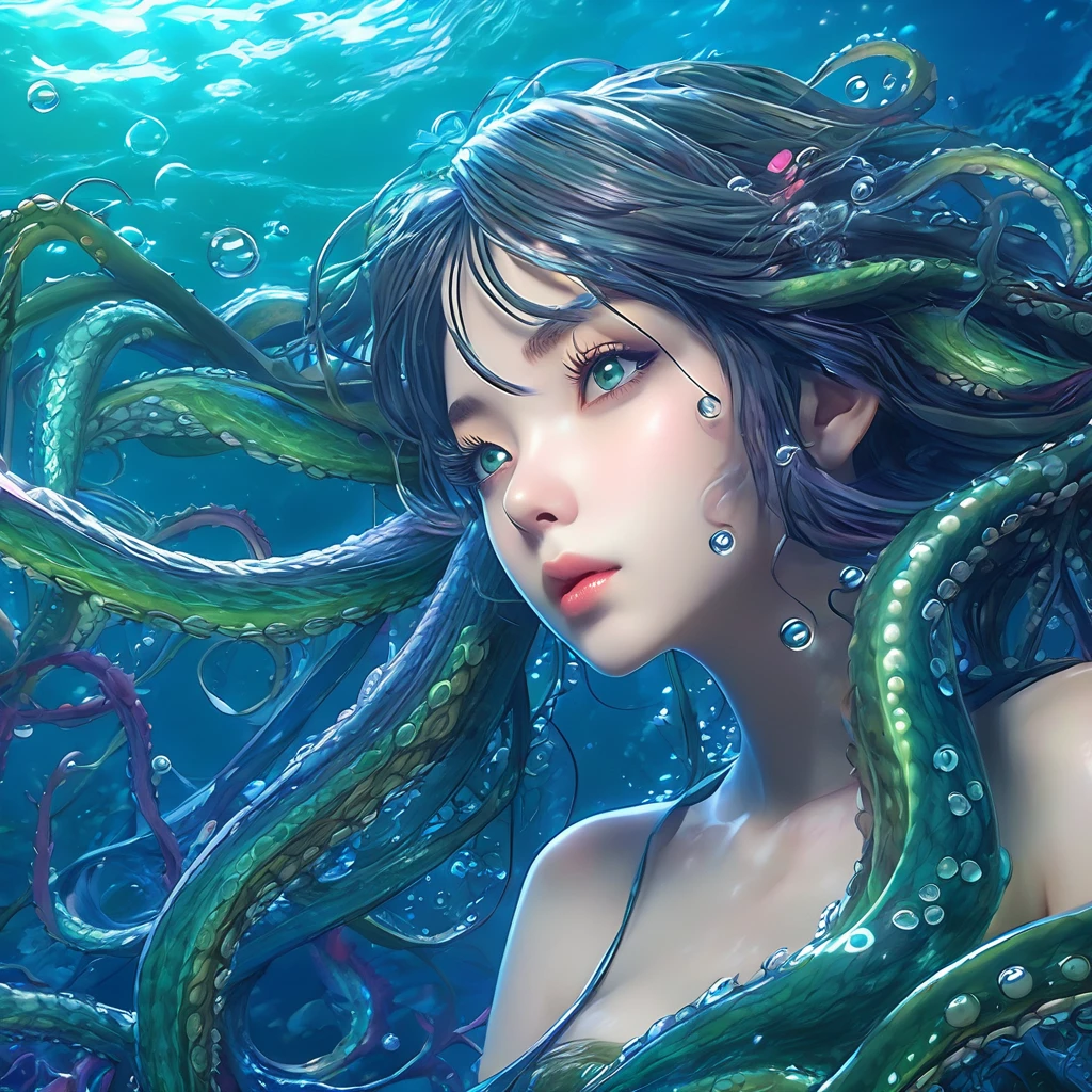 a detailed anime fantasy scene, three massive tentacles wrapped tightly around a helpless young woman, plunging downward into a dark and mysterious underwater environment, vibrant colors, highly detailed rendering, intricate textures, dramatic lighting and shadows, cinematic composition, striking atmospheric elements, masterful blend of realism and stylization, (best quality,4k,8k,highres,masterpiece:1.2),ultra-detailed,(realistic,photorealistic,photo-realistic:1.37),detailed anime girl, beautiful detailed eyes, beautiful detailed lips, extremely detailed face and features, long eyelashes, intricate folds and wrinkles in clothing, fluid movement of tentacles, swirling water and bubbles, deep blue-green hues, moody dramatic lighting, cinematic depth of field, surreal and fantastical atmosphere