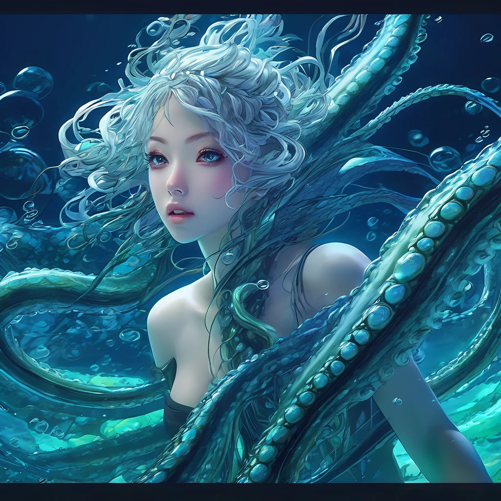 a detailed anime fantasy scene, three massive tentacles wrapped tightly around a helpless young woman, plunging downward into a dark and mysterious underwater environment, vibrant colors, highly detailed rendering, intricate textures, dramatic lighting and shadows, cinematic composition, striking atmospheric elements, masterful blend of realism and stylization, (best quality,4k,8k,highres,masterpiece:1.2),ultra-detailed,(realistic,photorealistic,photo-realistic:1.37),detailed anime girl, beautiful detailed eyes, beautiful detailed lips, extremely detailed face and features, long eyelashes, intricate folds and wrinkles in clothing, fluid movement of tentacles, swirling water and bubbles, deep blue-green hues, moody dramatic lighting, cinematic depth of field, surreal and fantastical atmosphere