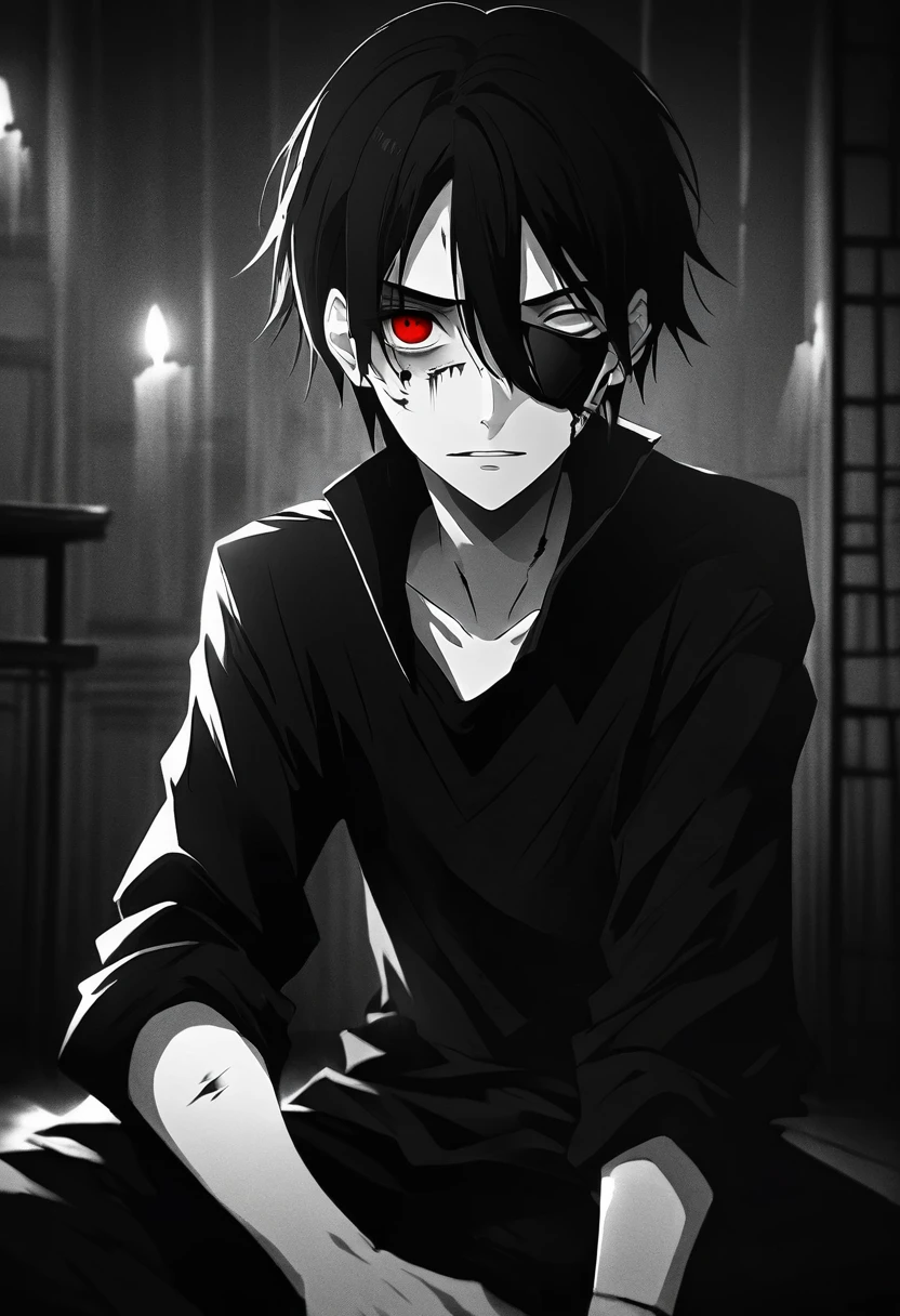 young male anime character, medium black hairstyle, pale skin, wearing cool dark outfit, red eyes, wearing black eyepatch on left eye , smirk, sitting in a dark room alone, scary ghosts flying around him, bruised skin, dark markings on hands and body, vague expression, 4k portrait, greyscale, monochrome 