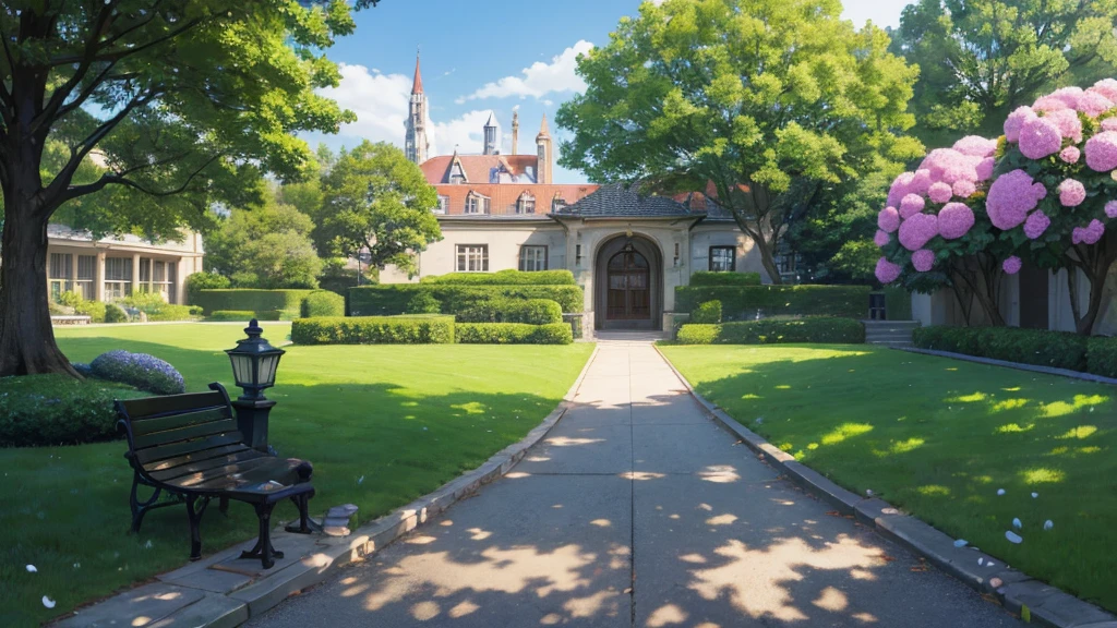 A classic style magic academy, large academy building, a large frontyard, filled with green trees, colorful hydrangea, a bench, a classic lamps, front-view
