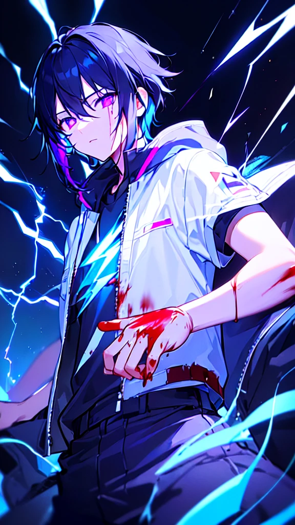 [(BLACK BACKGROUND:1.5),::5], ((((masterpiece)))), high quality, ultra very high resolution, full color, (((solo))), (()), black hair, ((blue colored inner hair)), ((purple eyes)), anime, ((upper body)), neon light, black parka, (lightning effect:1.2), (Blood effect:1.5)