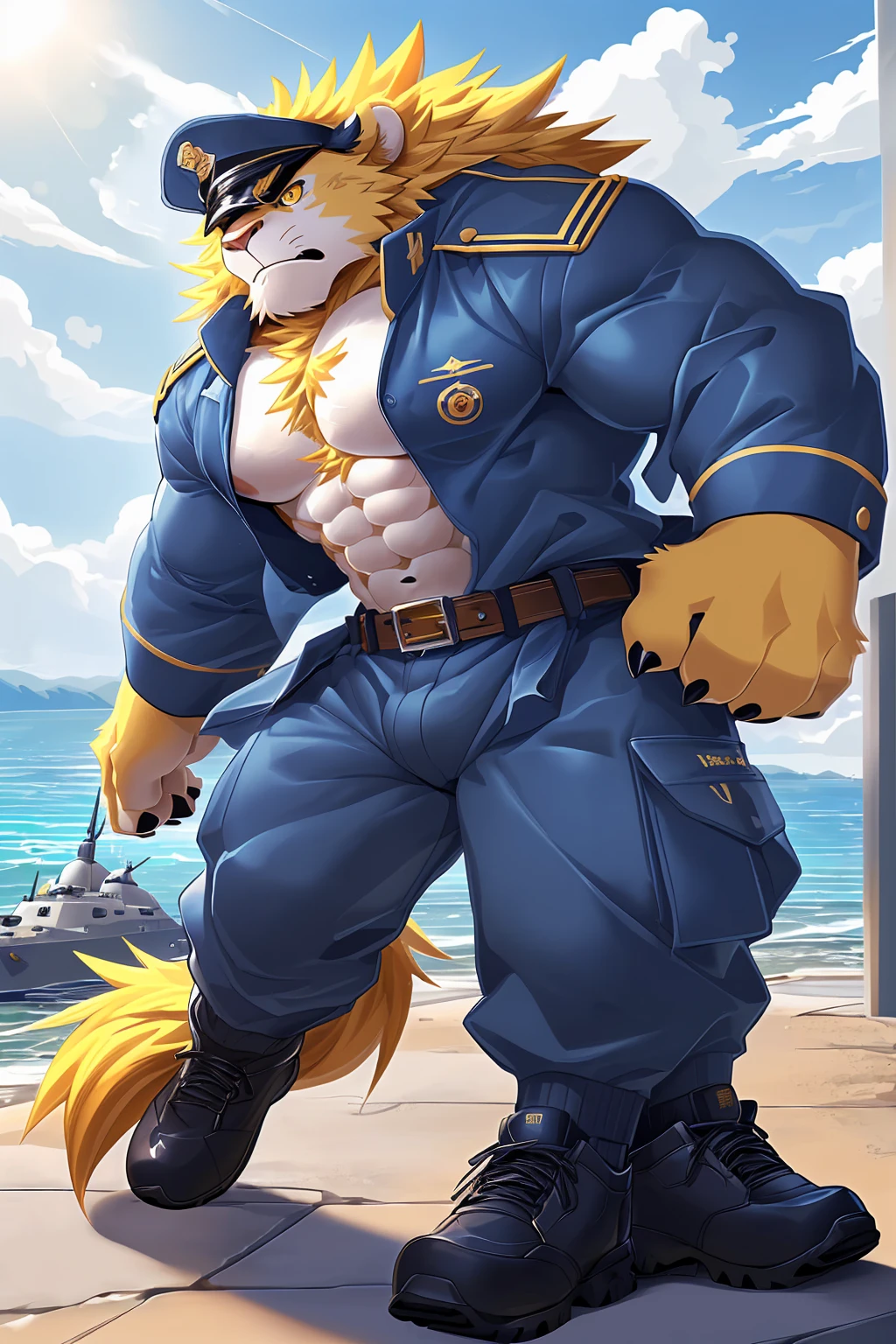 (sfw:1.5), male focus, Handsome 1boy, solitary,protrait photo, (Black thick eyebrows:1.3),single, (Black nails, Black claws:1.4), yellow skin, (yellow tail:1.4), (perfect golden eyes:1.4), (yellow ears, yellow body, Hand:1.3),(White belly, White chest, 白色Hand臂内侧:1.3), (棕色的mane:1.3),
yellow lion, feet, lion, lion boy, lion body, (large eyes:1.4), (mane, Lion's Tail:1.4), (Chubby, The body is huge, Larger face:1.3), (Lots of scars, lots of scars, Lots of scars:1.3),
(blue military uniform, blue military uniform裤, military trousers, Short-sleeved blue uniform:1.3), (Wearing clothes:1.2), (Brown belt:1.2) ,(blue military cap:1.4), (black military shoes, Black short shoes:1.2), (裸露Hand腕, 裸露Hand腕:1.4),
(full body:1.3), (Mature men:1.4), (Strong body, Large size:1.3), (Strong body, muscle,Strong male, muscle男, Bare chest muscles:1.3), (Red nipples:1.1), (Abdominal muscles, 裸露的Abdominal muscles:1.4), belly button, (粗壮Hand臂, Strong and strong legs, Strong legs:1.3), (look up, Standing:1.3), (Looking at the audience, Focus, Eyes gaze:1.1), (arrogant, Disdain, ruthless:1.1), (serious, indifferent, Cold, Unhappy, unhappy:1.4),
full background, (Concrete floor, River dams, Dam:1.2), (seaside, warship, warship, fleet:1.4), (Boat:1.3), daytime, Blue sky, White Cloud,
Mysterious and romantic atmosphere, Caustic lines(refraction, polarization)Perfect anatomical structure, absurd, Detailed background, (Delicate eyes:1.3),Printing style。((artist:Takemoto Arashi))