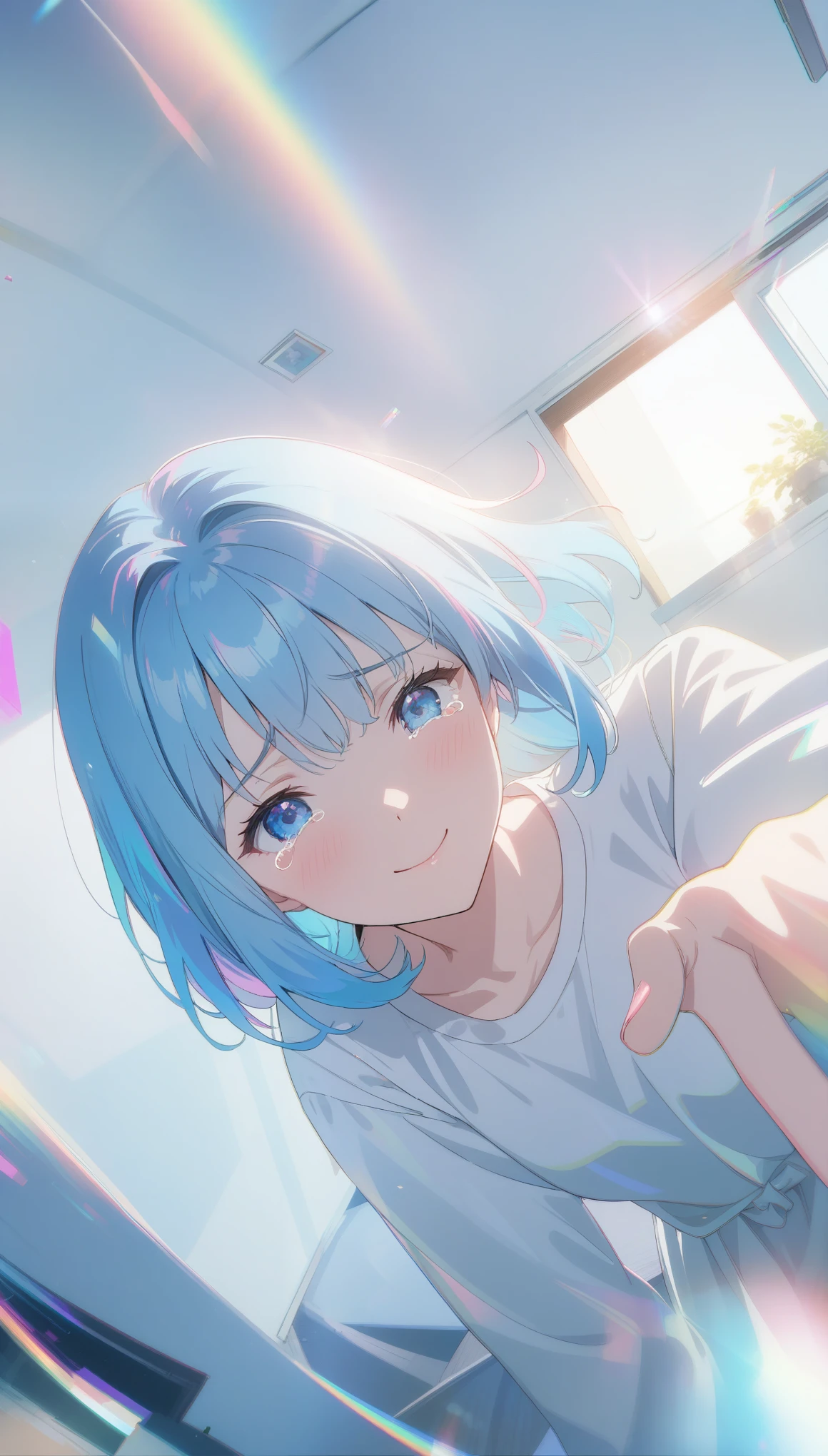 Best quality,masterpiece,1gril,hand,tears,pink and blue hair,smile,medium hair,room,film grain,glitch,lens_flare,colorful,chromatic aberration,super wide angle,dynamic pov,closed mouth,Intense emotional expression: death,amazing quality,absurdres,anime,very aesthetic,
Negative prompt: