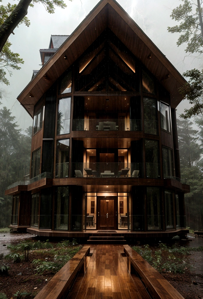 a luxurious glass and wooded house in the middle of the forest under heavy rain storm storm
