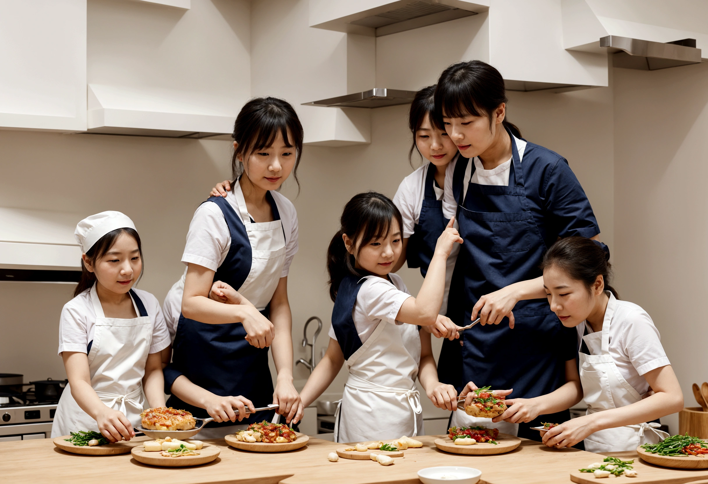 Located on the 180th floor of Shanghai Tower，Five delicate cute little girls with upturned asses，junior school student，Cook in an upscale open kitchen