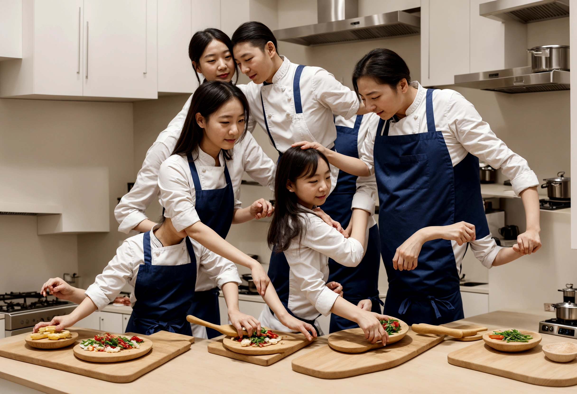 there is a man and woman and a In the kitchen, cooking, In the kitchen里, gourmet food, Wearing an apron, In the kitchen, family, photo, French, lifestyle, photography, Husband, wife, daughter, child,European, 使用尼康 d 7 5 0 拍摄的photo, 使用尼康 d750 拍摄的photo, cooking show, 营销photo, child们的