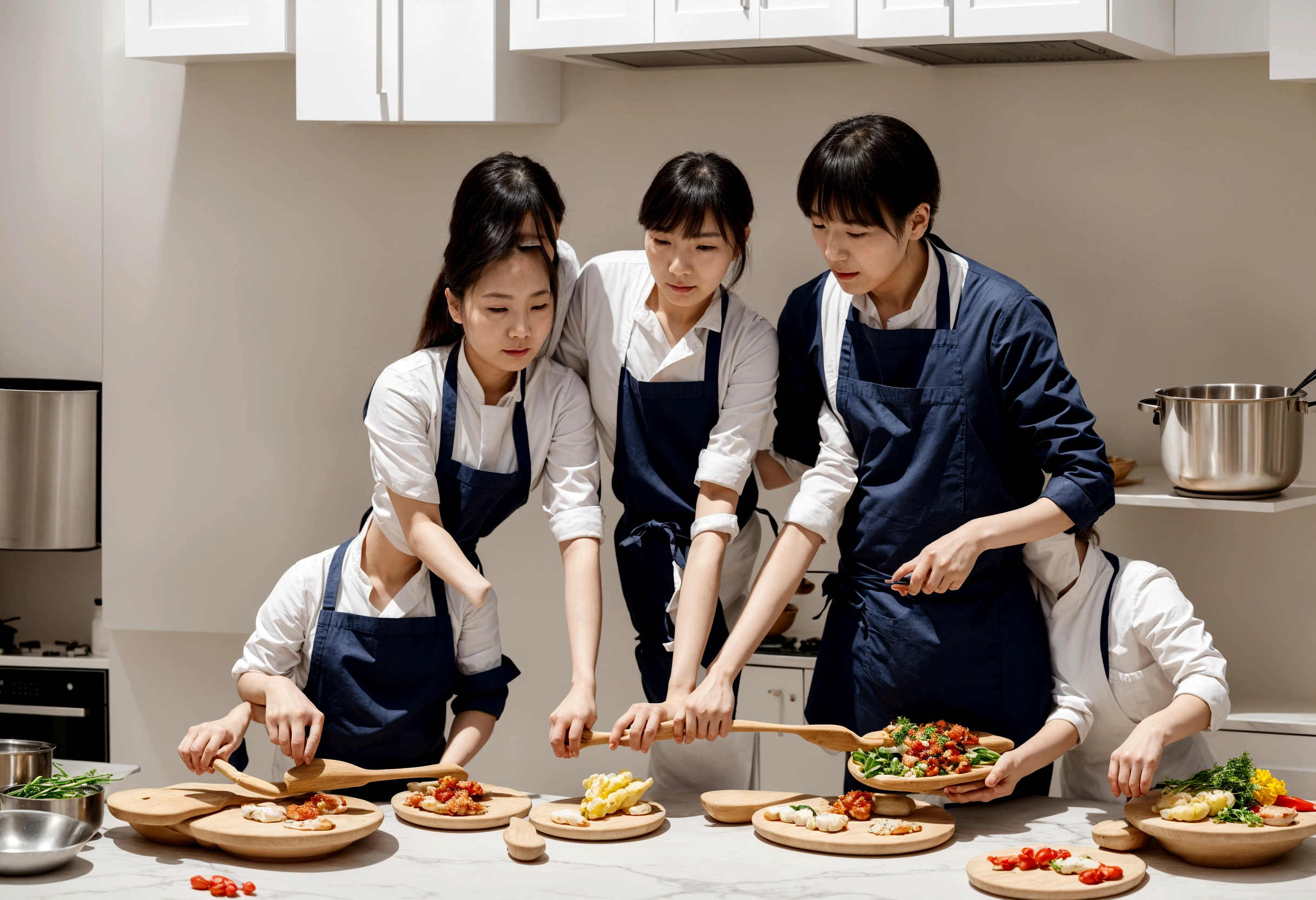 there is a man and woman and a In the kitchen, cooking, In the kitchen里, gourmet food, Wearing an apron, In the kitchen, family, photo, French, lifestyle, photography, Husband, wife, daughter, child,European, 使用尼康 d 7 5 0 拍摄的photo, 使用尼康 d750 拍摄的photo, cooking show, 营销photo, child们的