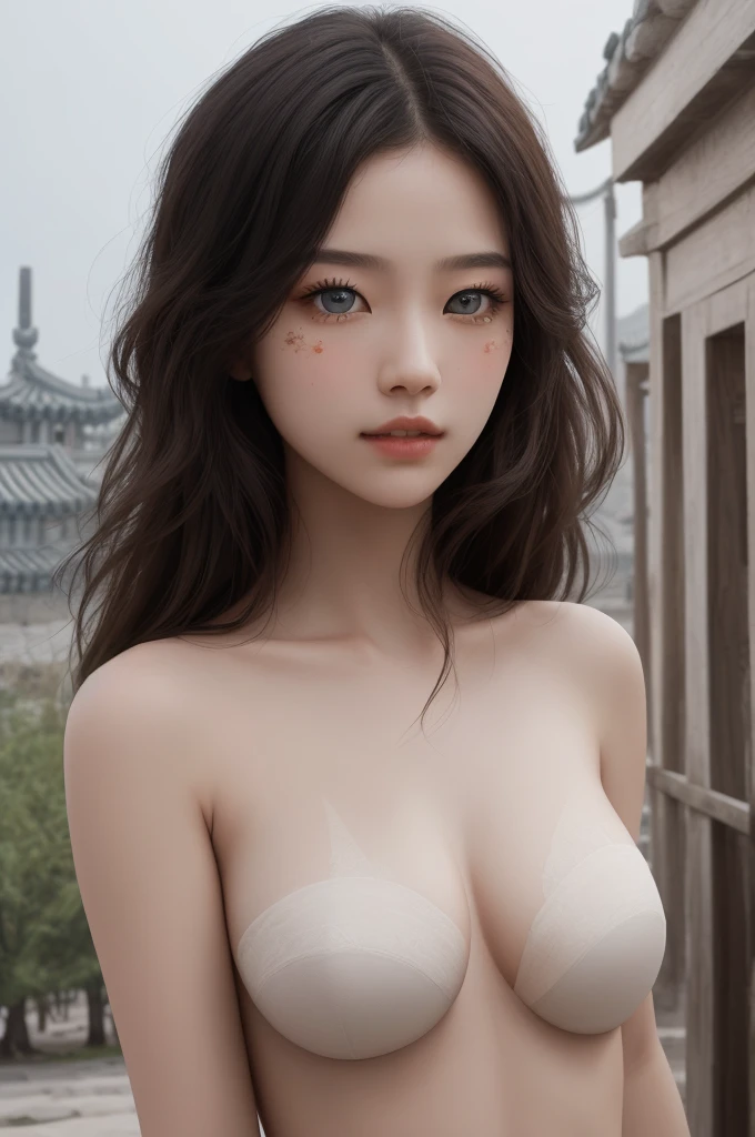 (1girl:1.3), Solo, (((Very detailed face)))), ((Very detailed eyes and face)))), Beautiful detail eyes, Body parts__, Official art, Unified 8k wallpaper, Super detailed, beautiful and beautiful, beautiful, masterpiece, best quality, original, masterpiece, super fine photo, best quality, super high resolution, realistic realism, sunlight, full body portrait, amazing beauty, dynamic pose, delicate face, vibrant eyes, (from the front), She doesn't wears clothes, (((nude))), (hair nude), red and black color scheme, very detailed Ancient China city background, Oriental fantastic tower background, overlooking the Ancient China city, detailed face, detailed complex busy background, messy, gorgeous, milky white, highly detailed skin, realistic skin details, visible pores, clear focus, volumetric fog, 8k uhd, DSLR, high quality, film grain, fair skin, photo realism, lomography, archaic fantastic town, Asian Ancient Polis, translucent, ((full body)), boob, big breast, wasp waist, wide hip, beautiful breast, clean skin, smooth muscular body, legs apart,