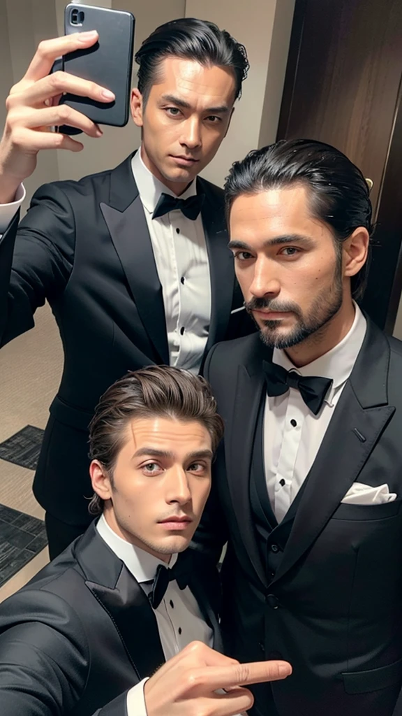 A man with wolf hair and a man with slicked-back hair are taking a selfie, suit, Luxury, Japanese
