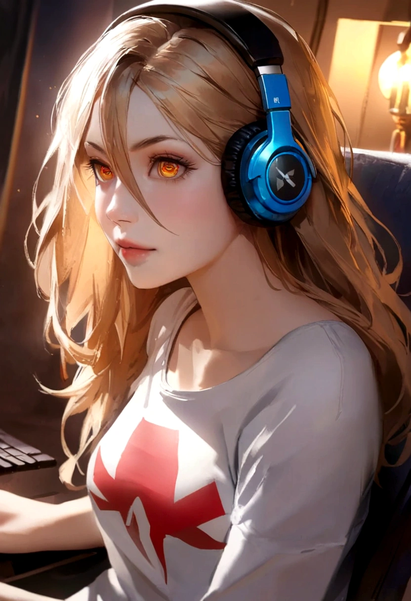 1girl, anime girl, harl text shirt, sitting on chair, wearing headphones, playing on pc, focused on game, blue and red particles around, detailed face, beautiful detailed eyes, beautiful detailed lips, extremely detailed eyes and face, long eyelashes, realistic, photorealistic, photo-realistic:1.37, best quality, 4k, 8k, highres, masterpiece:1.2, ultra-detailed, HDR, UHD, studio lighting, ultra-fine painting, sharp focus, physically-based rendering, extreme detail description, professional, vivid colors, bokeh