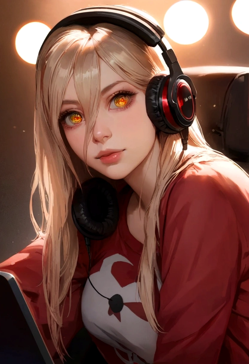 1girl, anime girl, harl text shirt, sitting on chair, wearing headphones, playing on pc, focused on game, blue and red particles around, detailed face, beautiful detailed eyes, beautiful detailed lips, extremely detailed eyes and face, long eyelashes, realistic, photorealistic, photo-realistic:1.37, best quality, 4k, 8k, highres, masterpiece:1.2, ultra-detailed, HDR, UHD, studio lighting, ultra-fine painting, sharp focus, physically-based rendering, extreme detail description, professional, vivid colors, bokeh