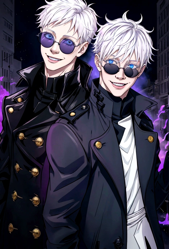 albino boy with blue eyes, a black trench coat and navy blue clothes, dark sunglasses and a cheerful smile, In addition to releasing purple rays in an epic way