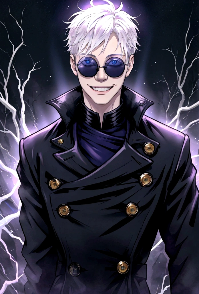 albino boy with blue eyes, a black trench coat and navy blue clothes, dark sunglasses and a cheerful smile, In addition to releasing purple rays in an epic way