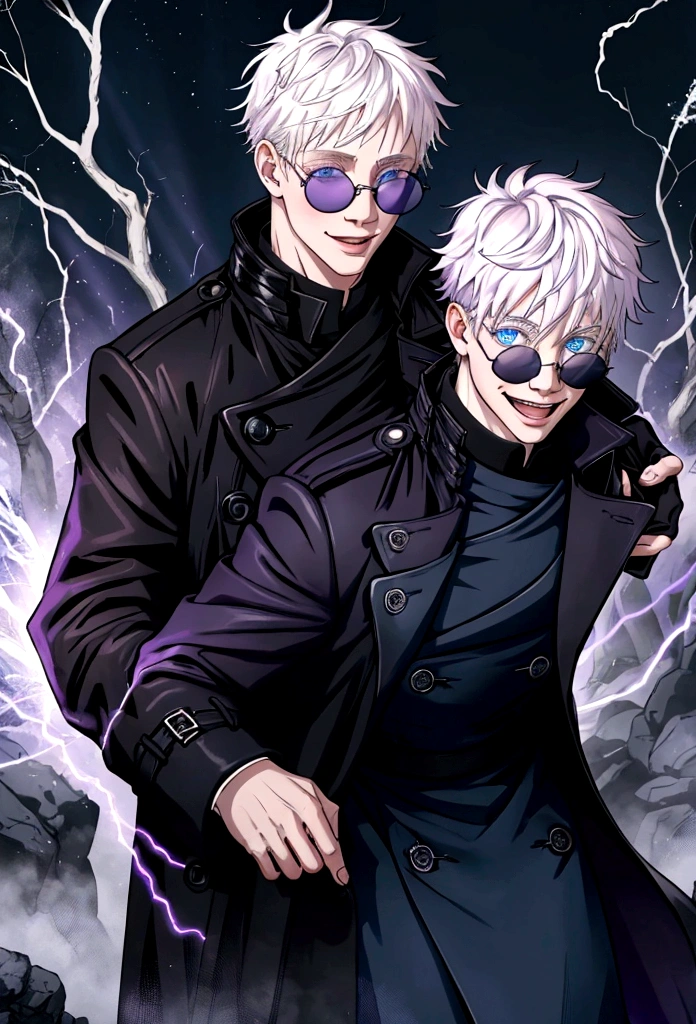 albino boy with blue eyes, a black trench coat and navy blue clothes, dark sunglasses and a cheerful smile, In addition to releasing purple rays in an epic way