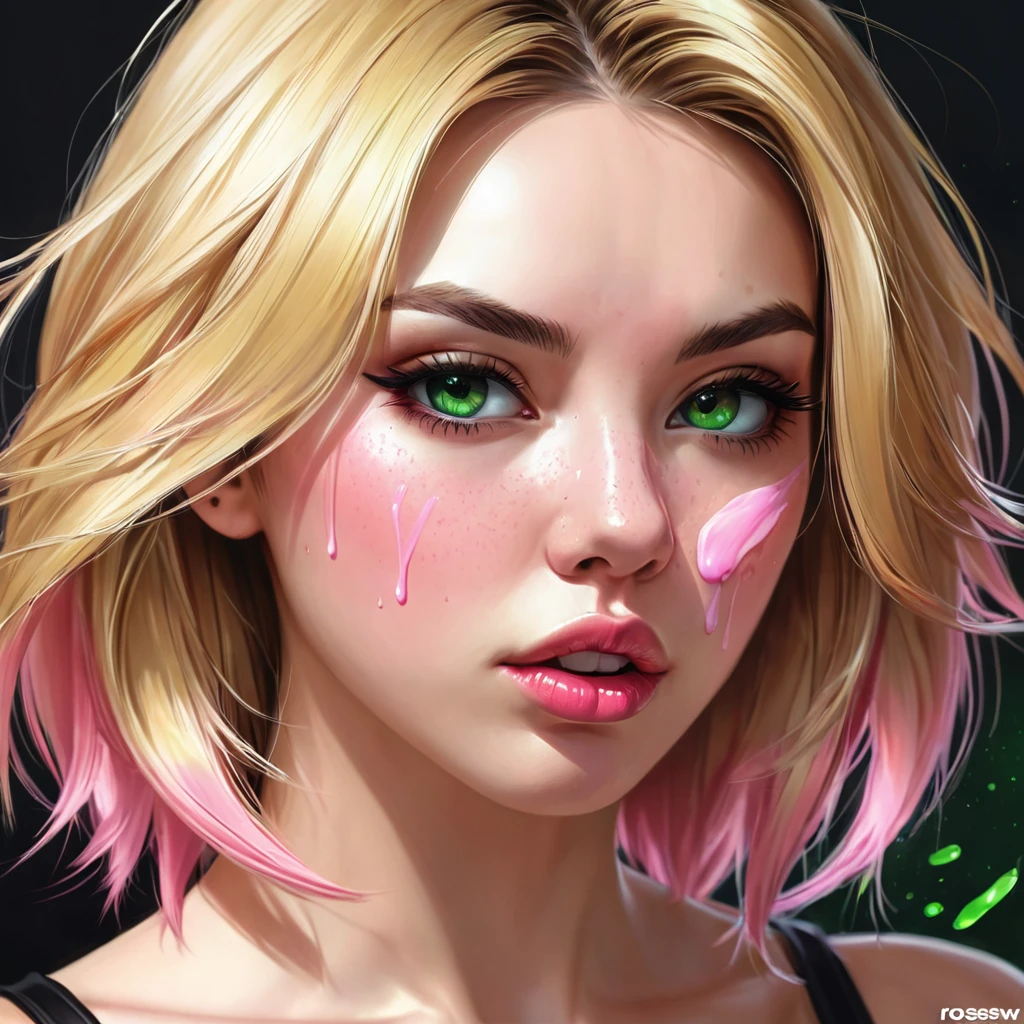 Oral rape of the woman blonde hair green eyes and pink batm and a black top, realistic art style, RossDraws portrait, Artgerm portrait, Anime realistic artstyle, 4K realistic digital art, 4K realistic digital art, 8K Artgerm Bokeh, DeviantArt Artstation CGScosiety, ArtGerm extremely detailed, made with anime painter studio, RossDraw digital painting, (cum on face:1.3), (cum on black top: 1.3)