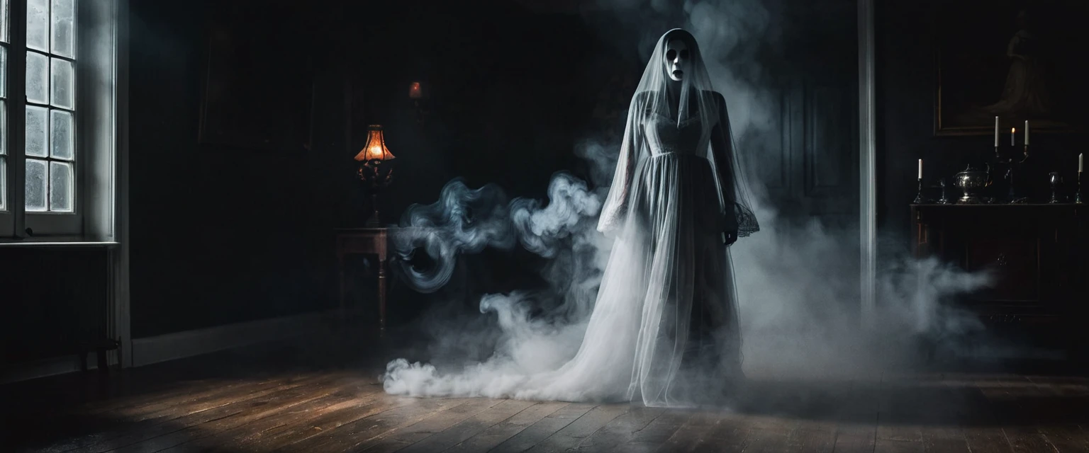 A photograph of the ghost of a Dutch Woman made of smoke, She eerily floats through the living room in the middle of the night, casting cold shadows on the floor. The dark and gloomy atmosphere is emphasized by the dim lights, the atmosphere is foggy. The image gives off a gothic and supernatural vibe that is both captivating and unsettling.