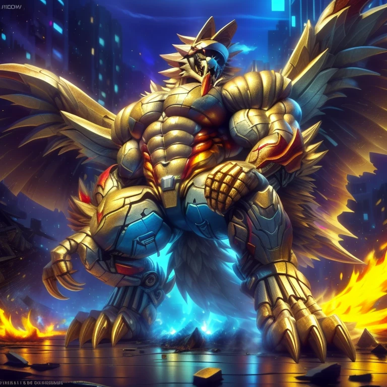 (masterpiece. official art. 8k. best quality. detailed full body. full body.)

(situation 1 : dominating The Phoenix Wolf. The Phoenix Wolf is over 1000 meters long. focus GIANT mechanical Muscular The Phoenix Wolf is trampling the car. Looking down.)

(situation 2 :smoke and flames rising from the destruction in the city)

(Additional details 1: Wearing GOLDEN Armor. Cape. Helmet. real texture material. whole body shines like metal. emphasizes the muscles. suit fully made of metal.Robotic suit).

(Additional details 1.5: The arms are golden. The lower half of the body is golden. The wolf-shaped helmet has sharp fangs. The whole body is golden.).

(Additional details 2: Detailed head. Detailed Body. Detailed abs. gigantic muscles. HYPER MUSCLES. Gigachad Muscular. big muscle. pecs. triceps. traps. unusually developed muscular body. body full of huge muscles. showing off muscles. pectorales enormes. Exaggeratedly huge muscles. huge muscles. long legs.).

(Additional details 3: nj5furry, Spread wings. It has wings. The claws are sharp. Sharp teeth.). He is laughing defiantly. The claws are sharp. Sharp teeth.). He is laughing defiantly. 

(Additional details 4: golden dick, golden cock, golden hyper penis. hyper black penis. big penis)
(Additional details 6 : Spraying hyper cum up everywhere into the sky from his erect penis. wide spray of cum, covered in cum, cum splashing in front of camera, crowd of naked muscular male spectators, bukkake, City is under a thick later of cum.)