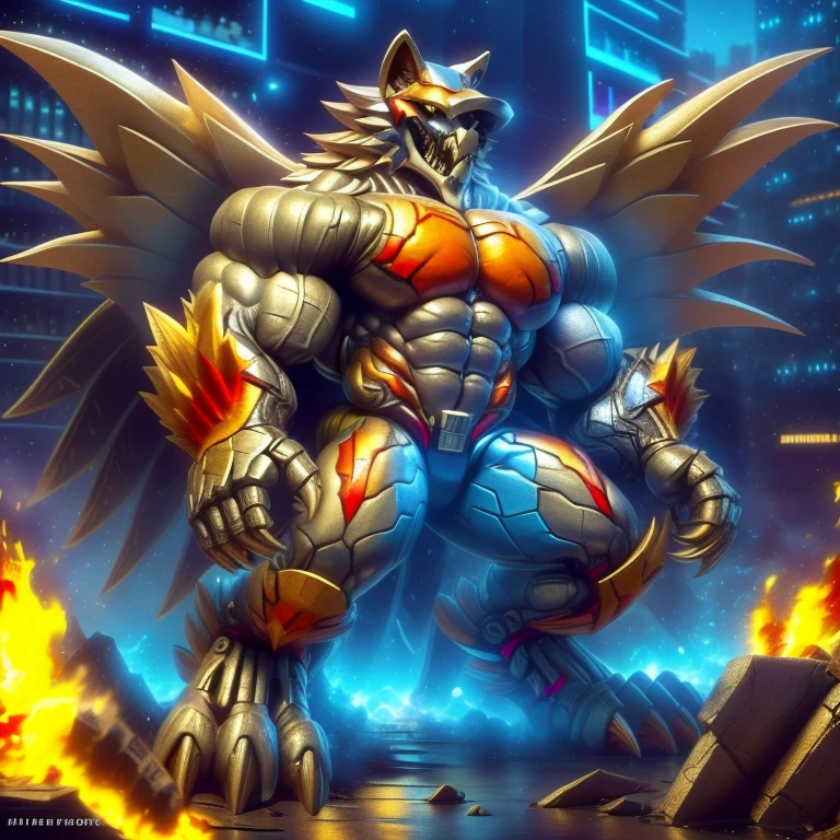 (masterpiece. official art. 8k. best quality. detailed full body. full body.)
(situation 1 : dominating The Phoenix Wolf. The Phoenix Wolf is over 1000 meters long. focus GIANT mechanical Muscular The Phoenix Wolf is trampling the car. Looking down.)
(situation 2 :smoke and flames rising from the destruction in the city)
(Additional details 1: Wearing golden Armor. Cape. Helmet. real texture material. whole body shines like metal. emphasizes the muscles. suit fully made of metal.Robotic suit).
(Additional details 1.5: The arms are golden. The lower half of the body is golden. The wolf-shaped helmet has sharp fangs. The whole body is golden.).
(Additional details 2: Detailed head. Detailed Body. Detailed abs. gigantic muscles. HYPER MUSCLES. Gigachad Muscular. big muscle. pecs. triceps. traps. unusually developed muscular body. body full of huge muscles. showing off muscles. pectorales enormes. Exaggeratedly huge muscles. huge muscles. long legs.).
(Additional details 3:Spread wings. It has wings. The claws are sharp. Sharp teeth.). He is laughing defiantly. The claws are sharp. Sharp teeth.).
(Additional details 3.5 : nj5furry, He is laughing defiantly. medieval armor.).