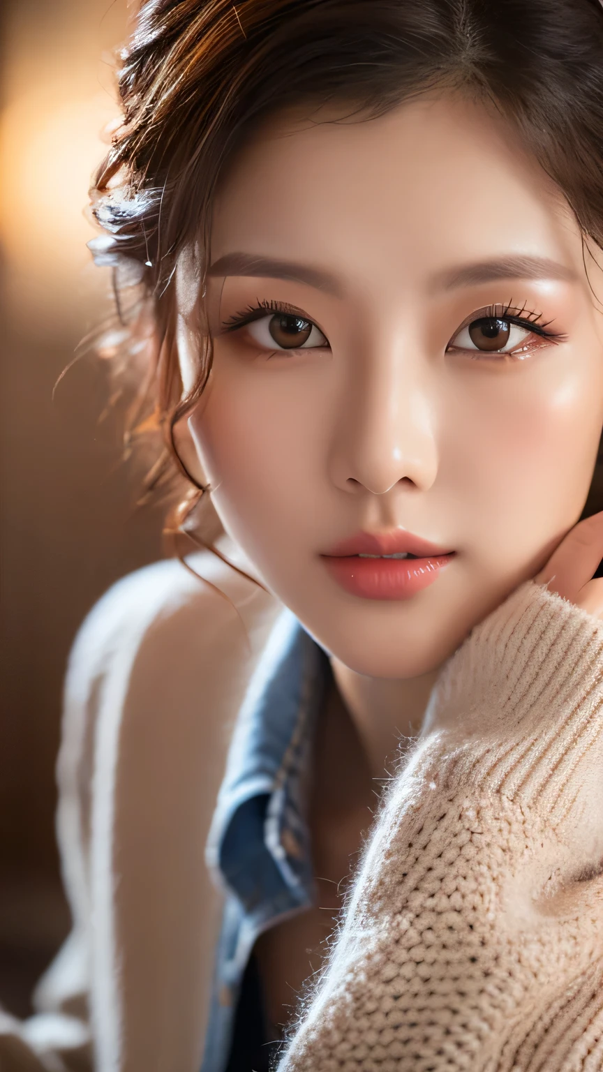 (8K、Raw photo、Highest quality、masterpiece:1.2)、(Realistic、Photorealistic:1.37)、Ultra-detailed、Ultra-high resolution、Beautiful and well-proportioned face,Asian, Lip gloss（Wet lips）,Big Breasts,Beautifully detailed skin、Skin Texture、Professional Lighting、Sexy　Bust Emphasis　cardigan　Denim Skinny　Model pose angle　Brown long curly hair