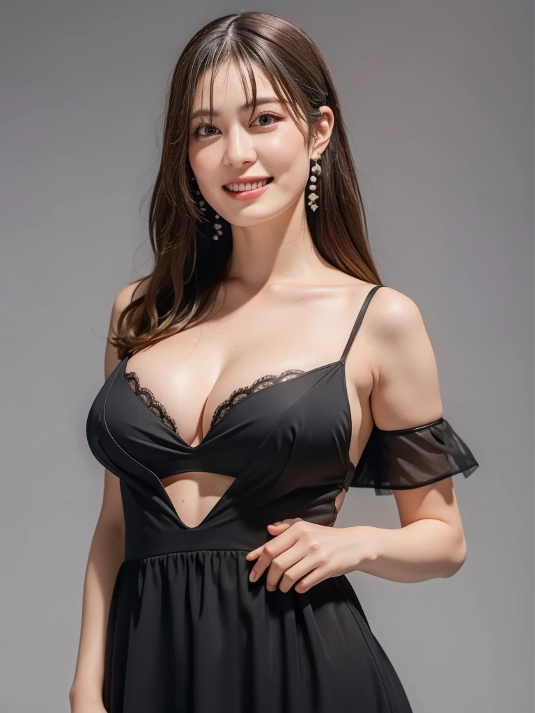 highest quality:1.3, masterpiece, Ultra-high resolution, realistic:1.3, solo:1.3, ((Clear Face)), sidelighting, cowboy shot, (looking at camera:1.3), (black Party dress), standing, white background, Showcasing cleavag, arms behind back, (big busts), smile