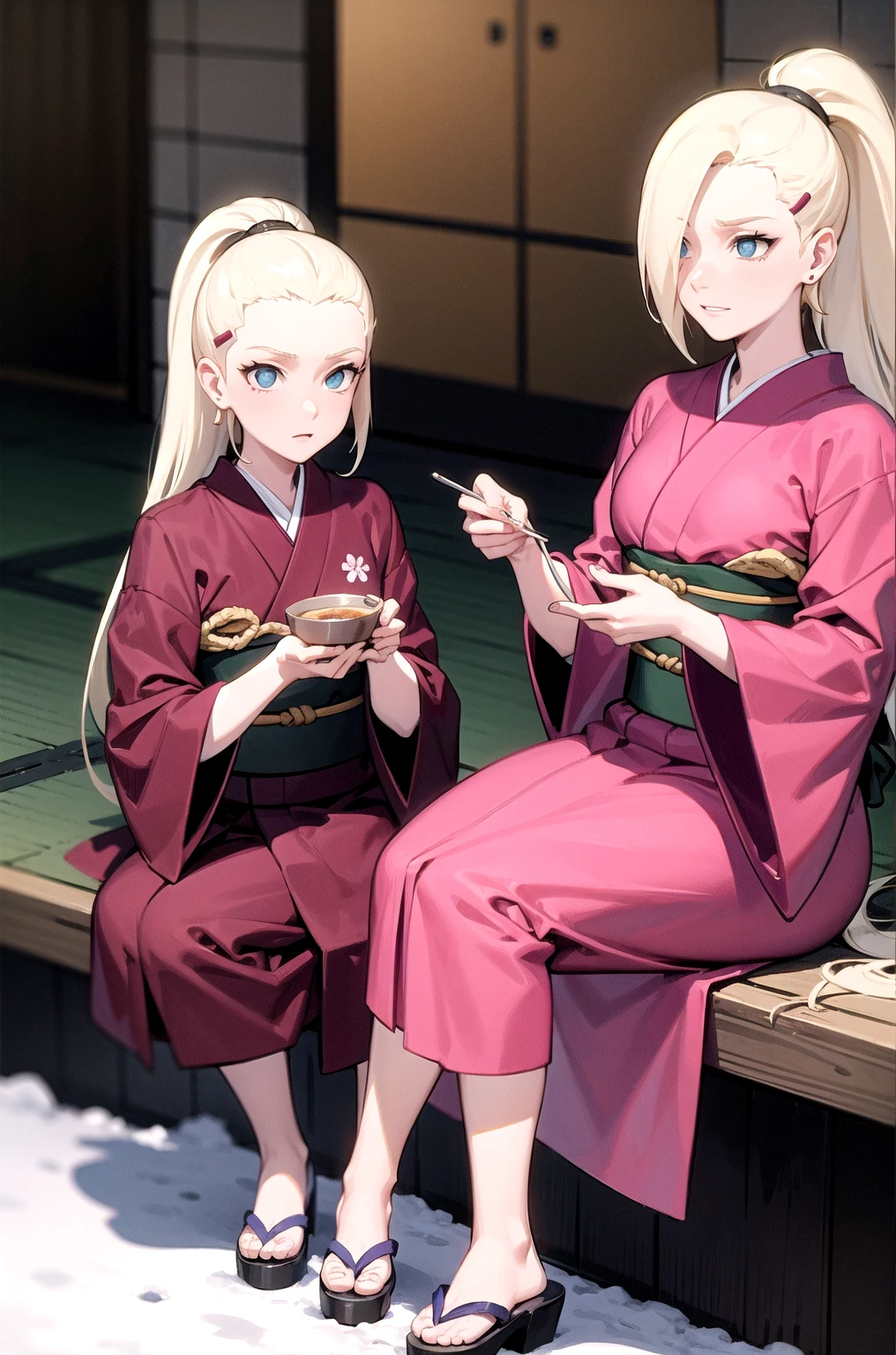 yamanaka ino, kimono, snowing, sitting,