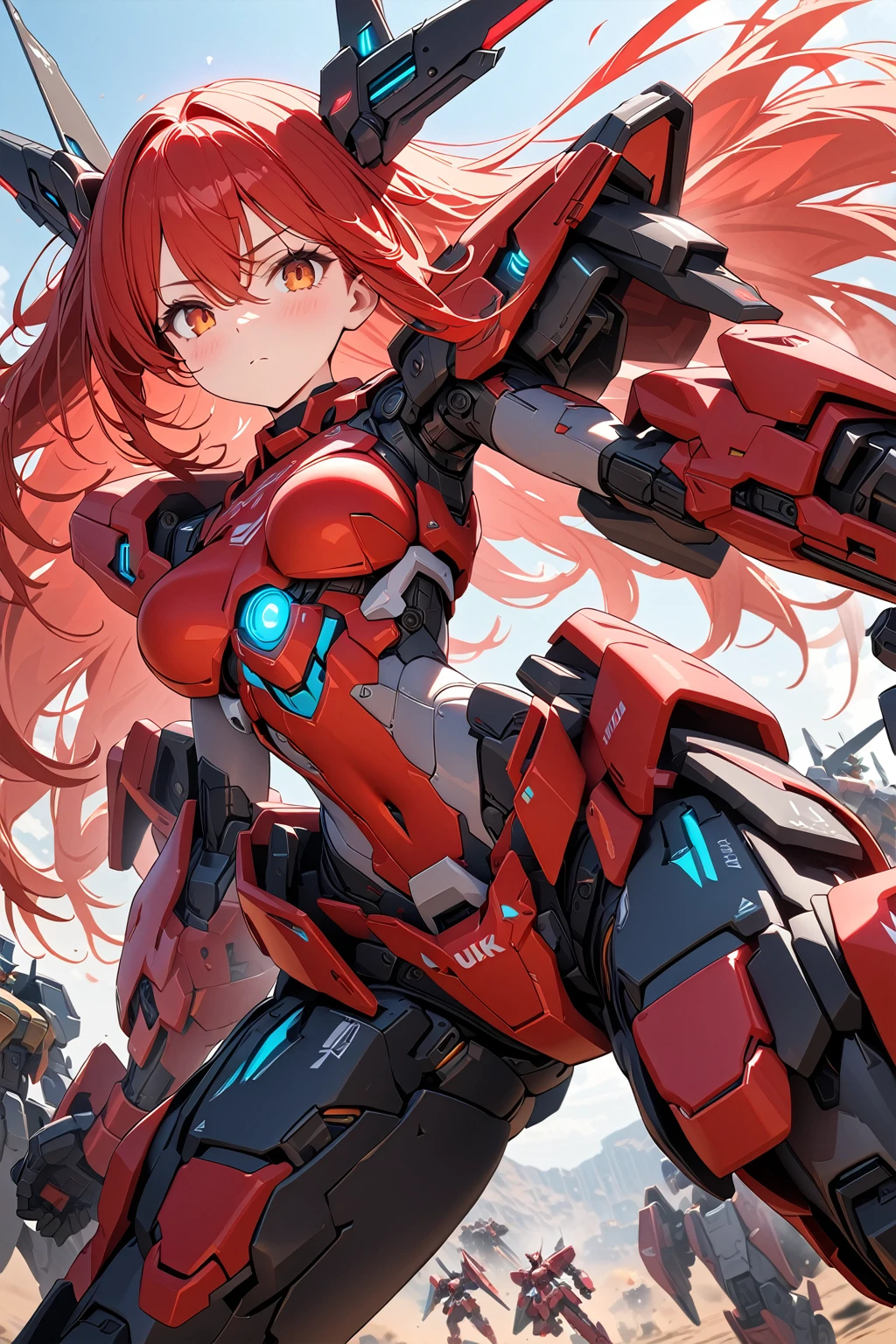 (masterpiece, best quality:1.5), (ultra detailed, high resolution, 8k, beautiful detailed, UHD, best anatomy), red hair, medium breasts, mecha musume, Body made of machines, fighting formation, expressionless, An ominous place