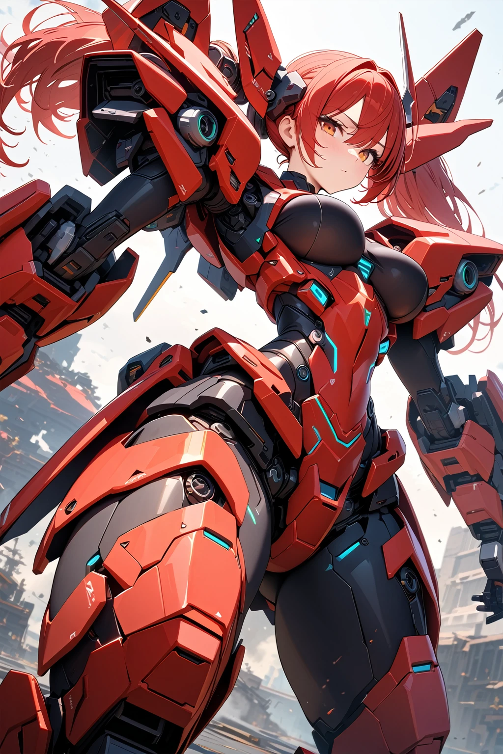(masterpiece, best quality:1.5), (ultra detailed, high resolution, 8k, beautiful detailed, UHD, best anatomy), red hair, medium breasts, mecha musume, Body made of machines, fighting formation, expressionless, An ominous place