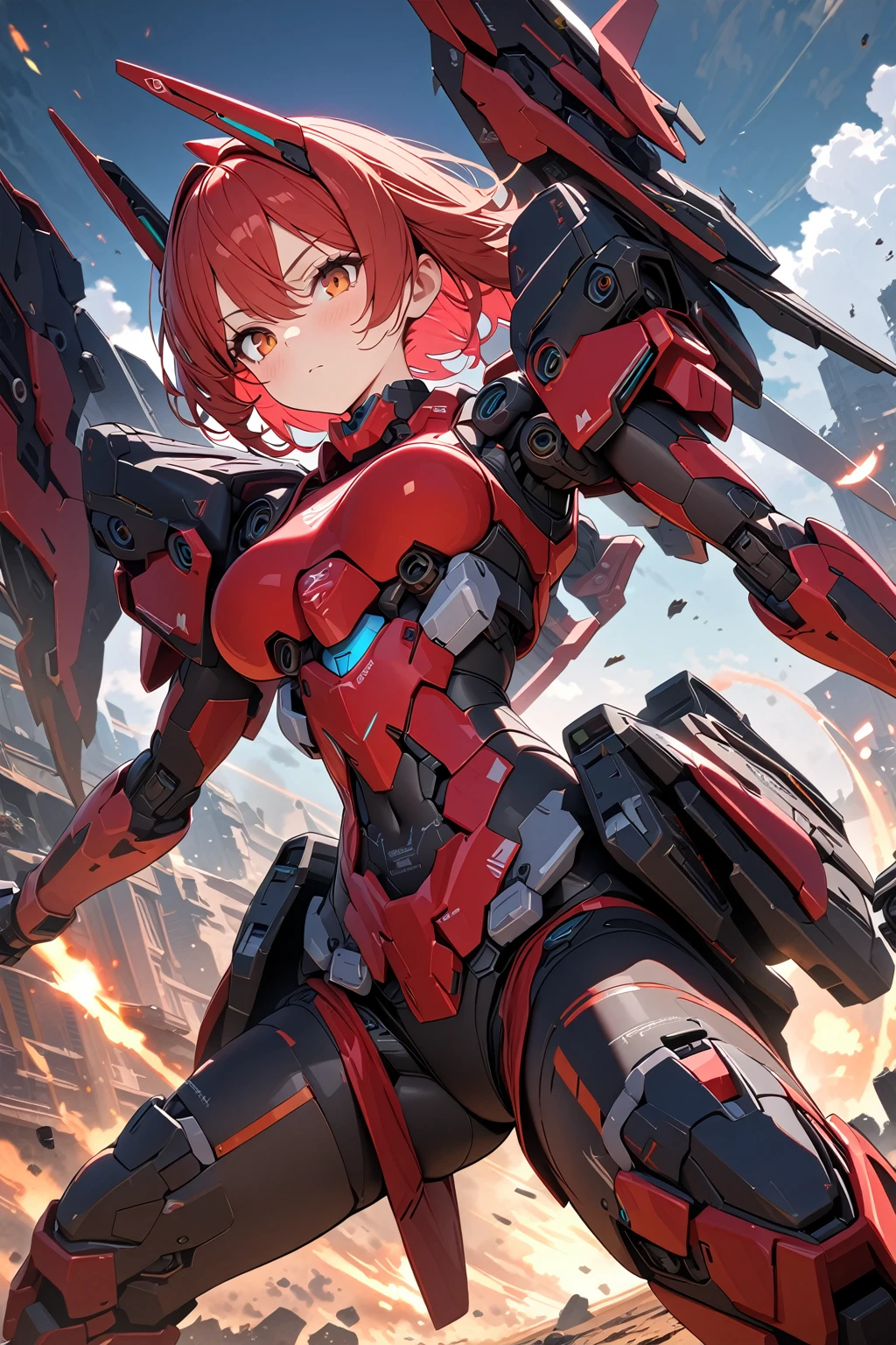 (masterpiece, best quality:1.5), (ultra detailed, high resolution, 8k, beautiful detailed, UHD, best anatomy), red hair, medium breasts, mecha musume, Body made of machines, fighting formation, expressionless, An ominous place