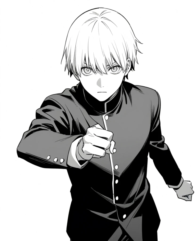 yuto-sano, 1boy, Kaneki, black hair, unique hairstyle long hair, elegant, monochrome, solo, greyscale, male focus, looking at viewer, holding a sword, front view, FRONT VIEW, FACING CAMERA, action pose, action, manga panel