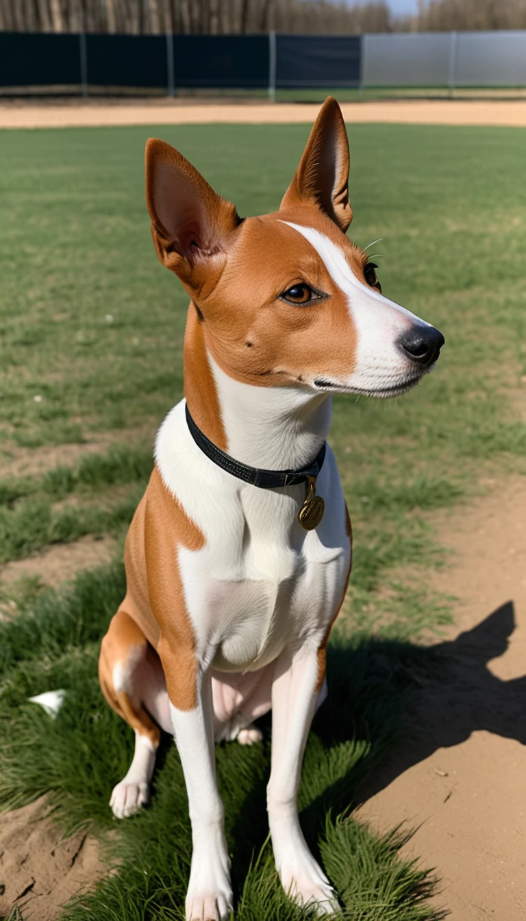 There is no one, realistic photo, photo realism, realism, basenji(Basenji), perfect composition, intricate details, Very sharp, masterpiece, profile, high resolution, looking at the viewer, Full body photo in the dog park